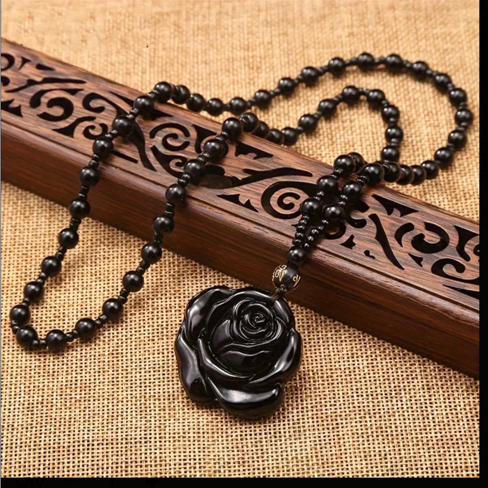 Obsidian Black Rose Pendant Necklace